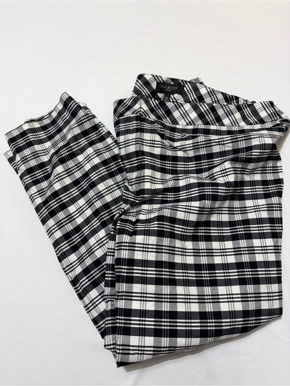 Talbots Woman 16W Plaid Dress Pants Black White Cotton Stretch Ankle Slacks
